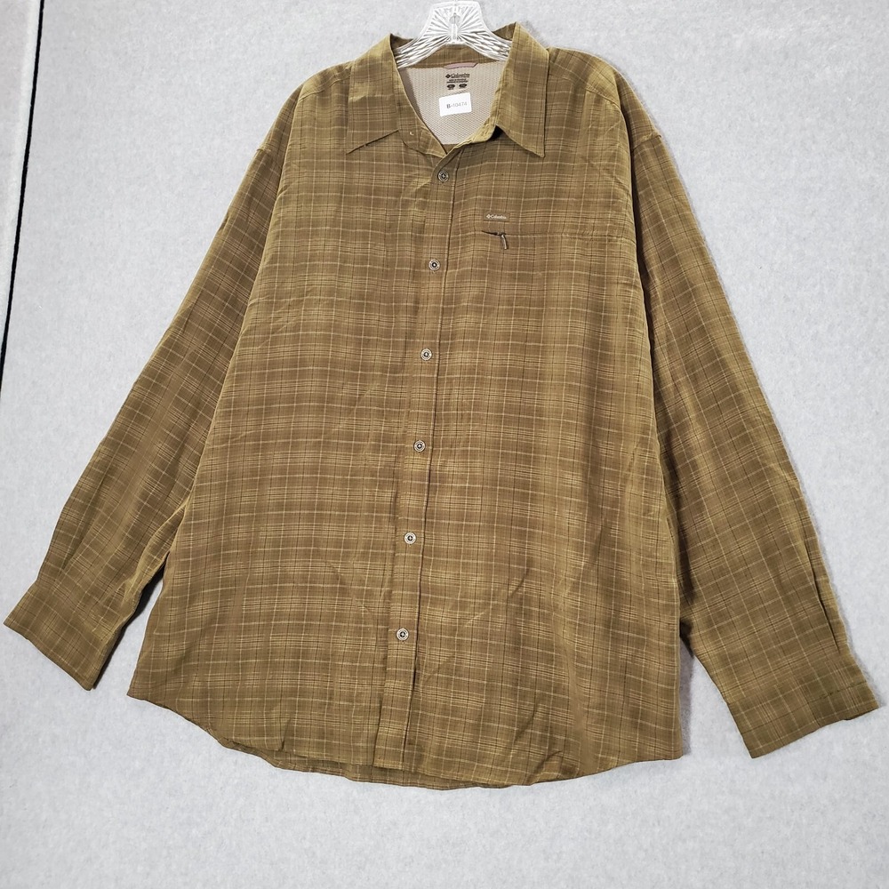 Columbia Men Button Up Shirt XL Brown Plaid Zip Pocket Long Sleeve Collar